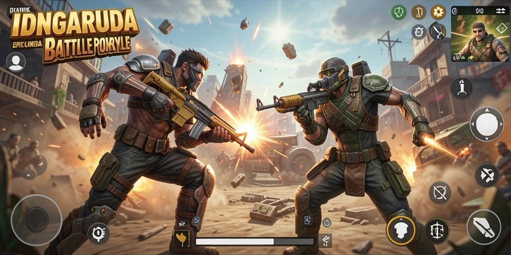 Gameplay menegangkan IDNGARUDA dalam arena Battle Royale.
