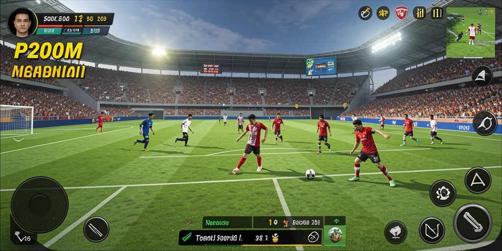 Tampilan gameplay menarik P200M dalam aksi sepak bola.