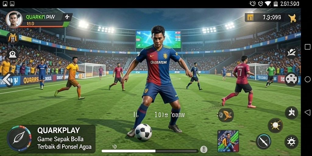 Tangkapan layar QUARKPLAY menampilkan aksi seru di lapangan sepak bola.